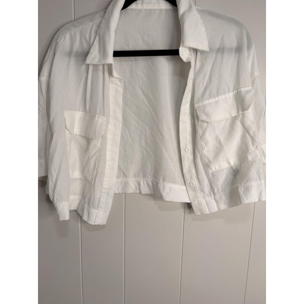 SHEIN Blouse Shirt Cream Crop Top Bell Sleeve Button size S Crop Top White Chic